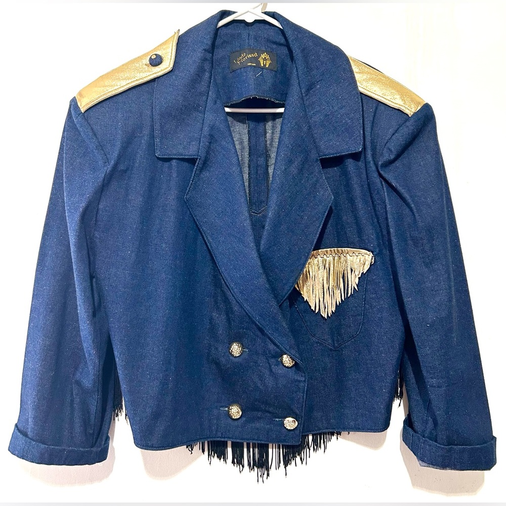 Vintage 80s Fringe Denim & Leather Cropped Jacket Blue Metallic Gold M/L 8/10